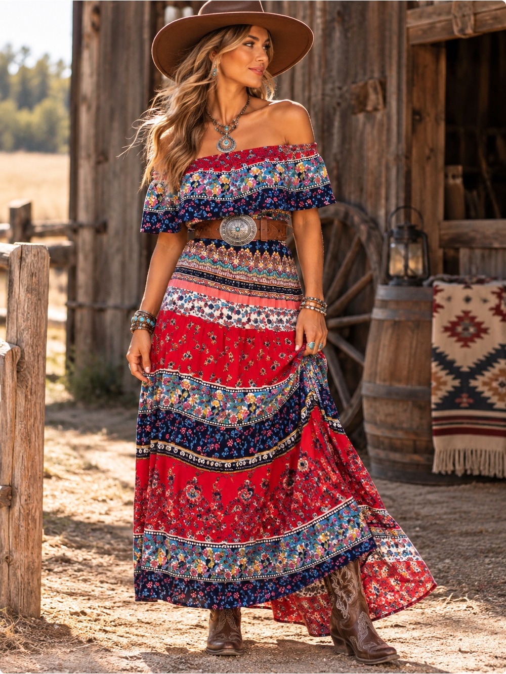 Altar’d State Boho Floral Off Shoulder Maxi Dress Size Small Western